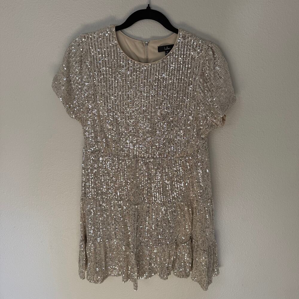 Lulus Taking a Shine Silver Sequin Tiered Mini Shift Dress Women's M - Picture 2 of 6